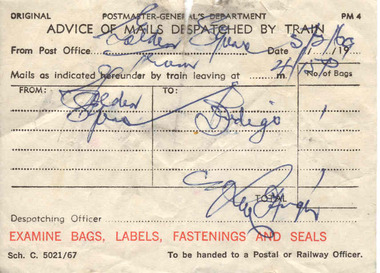 Document - Form/s, Post Master Generals Department, "Advice of Mails Despatched by Train", 1967