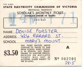 Ephemera - Ticket/s, State Electricity Commission of Victoria (SECV), Scholar's Monthly Tickets, 1969
