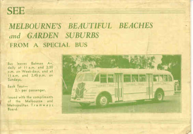 Book, Melbourne and Metropolitan Tramways Board (MMTB), "See Melbourne's Beautiful Beaches and Garden Suburbs from a Special Bus", 1939