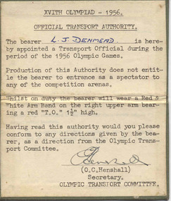 Ephemera, Olympic Transport Committee, "XVIth Olympiad - 1956 Official Transport Authority", 1956