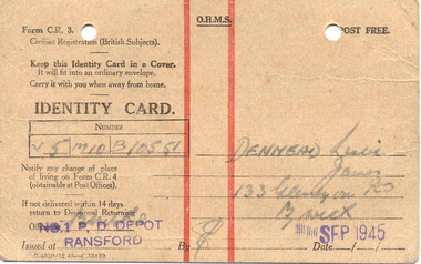 Document - Identity Card, Commonwealth Government, "Identity Card", 1943