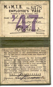 Functional Object - Employee's Pass, Melbourne and Metropolitan Tramways Board (MMTB), 20/08/2001 12:00:00 AM