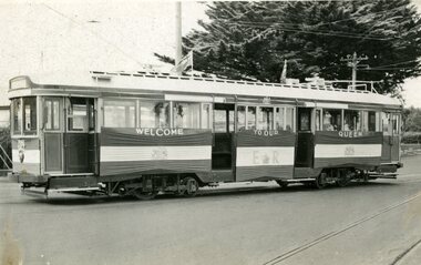 Postcard, Kodak, Ballarat tram No. 38 decorated for the Royal visit
