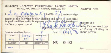 Document - Form/s, Ballarat Tramway Preservation Society (BTPS), BTPS Uniform issue, 1975