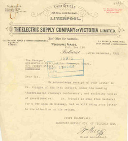 document - Correspondence, Electric Supply Co. of Vic (ESCo), "Australasian Tramway Conference", 1929 - 1930