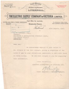 document - Correspondence, Electric Supply Co. of Vic (ESCo), Aug. 1929