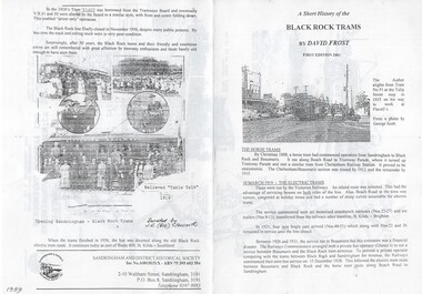 Pamphlet, David Frost, "A Short History of the Black Rock Trams", 2001