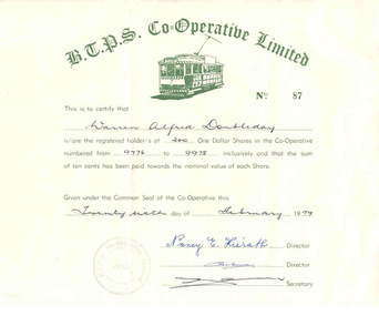 Certificate, Ballarat Tramway Preservation Society (BTPS), 1979