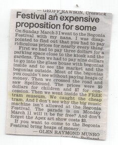 Newspaper, Glen Raymond Munro, "Festival an expensive proposition for some", 4/03/2002 12:00:00 AM