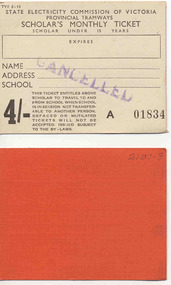 Ephemera - Ticket/s, State Electricity Commission of Victoria (SECV), 4/-  Scholar's Monthly Ticket, 1950's