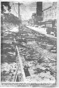 Newspaper, The Courier Ballarat, tram track demolition on the southern side of Sturt S, Jan. 1972