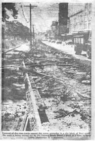 Newspaper, The Courier Ballarat, tram track demolition on the southern side of Sturt S, Jan. 1972