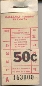 Ephemera - Ticket/s, Ballarat Tramway Museum (BTM), BTPS - 5d over stamped to 50c, 1974