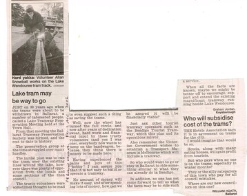 Newspaper, The Courier Ballarat, "Lake tram may be way to go", "Who will subsidise cost of the trams", 2/08/2002 12:00:00 AM