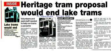 Newspaper, The Courier Ballarat, "Heritage tram proposal would end lake trams", 5/08/2002 12:00:00 AM