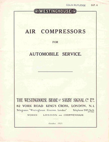 Document - Technical pamphlet/s, Westinghouse Brake & Saxby Signal Co. Ltd, "Air Compressors for Automobile Service", Oct. 1925