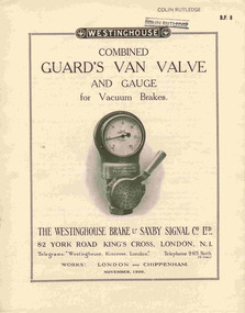 Document - Technical pamphlet/s, Westinghouse Brake & Saxby Signal Co. Ltd, "Combined Guard's Van Valve and Gauge for Vacuum Brakes", 1924 - 1928