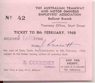 Financial record - Receipt/s, Australian Tramway and Motor Omnibus Employees Association (ATMOEA), "Australian Tramway and Motor Omnibus Employee's Association Ballarat Branch", 11/01/1968 12:00:00 AM