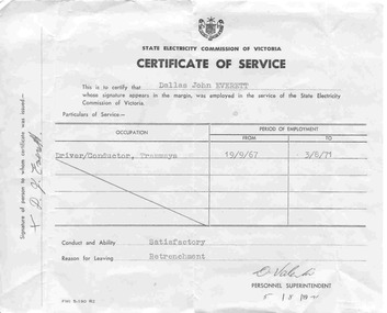 Certificate, State Electricity Commission of Victoria (SECV), "Certificate of Service", 5/08/1971 12:00:00 AM