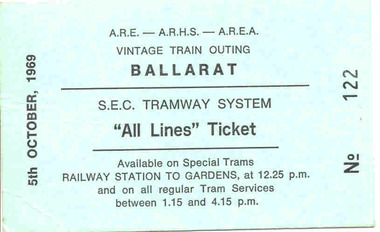 Ephemera - Ticket, Vintage Train - ARE - ARHS - AREA, Combined tour ticket Ballarat, Sep. 1969
