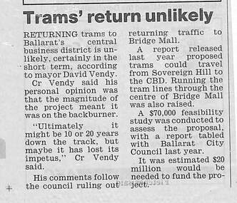 Newspaper, The Courier Ballarat, "Trams' return unlikely", 1/03/2003 12:00:00 AM