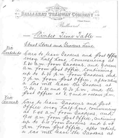 Document - Photocopies, Gold Museum, Winter Timetable of the Ballaarat Tramway Company, 1999