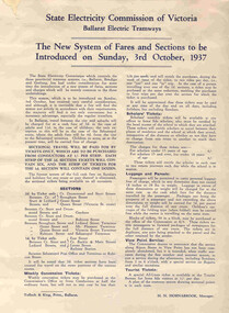 Poster, State Electricity Commission of Victoria (SEC), "The New System of Fares and Sections to be Introduced on Sunday, 3rd October 1937", Sep. 1937