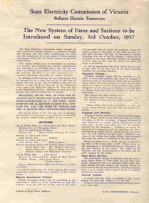 Poster, State Electricity Commission of Victoria (SECV), "The New System of Fares and Sections to be Introduced on Sunday, 3rd October 1937", Sep. 1937