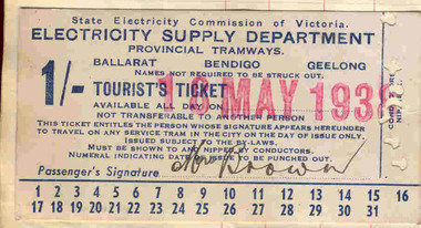 Ephemera - Ticket, State Electricity Commission of Victoria (SEC), Tourist Ticket SEC 1/, 1937