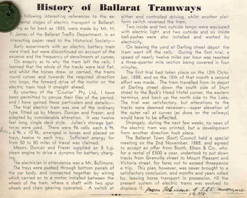 Magazine, State Electricity Commission of Victoria (SECV), "History of the Ballarat Tramways", Feb. 1939