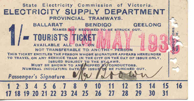 Ephemera - Ticket, State Electricity Commission of Victoria (SECV), "Tourist Ticket SEC 1/", 1937