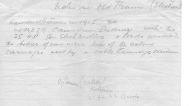 Document - Handwritten Notes, H.P. James, "Notes re old trams", 1930's?