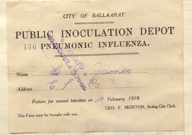 Certificate, City of Ballaarat, "Public Inoculation Depot / Pneumonic Influenza", 1919