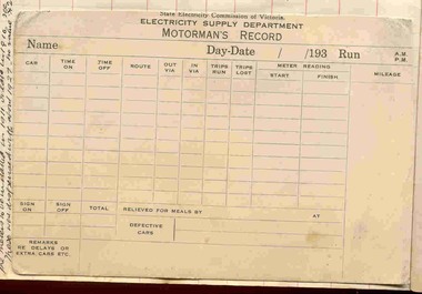Document - Form/s, State Electricity Commission of Victoria (SECV), "Motorman's Record", late 1930's