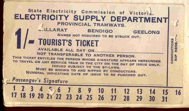 Ephemera - Ticket, State Electricity Commission of Victoria (SEC), "Tourist Ticket SEC 1/", 1937