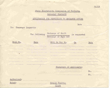 Document - Form/s, State Electricity Commission of Victoria (SEC), "Application for Permission to Exchange Duties", late 1960's