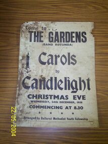 Ephemera - Tramcar Internal Roof Ad, Ballarat Methodist Youth Fellowship, "Carols by Candlelight", Dec. 1958
