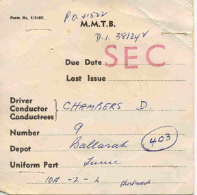 Uniform - Clothing Docket, Melbourne and Metropolitan Tramways Board (MMTB), 1970's?