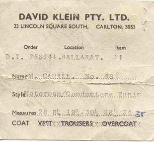 Uniform - Clothing Docket, David Klein Pty Ltd, 1970's?
