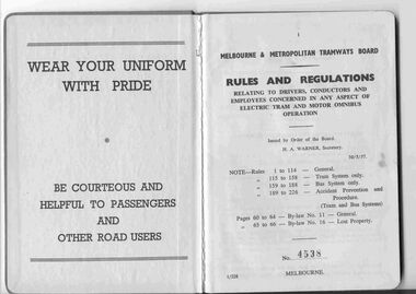 Book, Melbourne and Metropolitan Tramways Board (MMTB), "Melbourne and Metropolitan Tramways Board Rules and Regulations", May. 1957