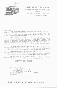 Document - Letter/s, Ballarat Tramway Preservation Society (BTPS), "Ballarat Vintage Tramway - Horse Tram No. 1 Restoration Project", Apr. 1986