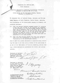 Document - Photocopies, Alan Bradley, Liquidator's Statement of the winding up of the Ballaarat Tramway Company, c1995