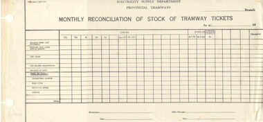 Document - Form/s, State Electricity Commission of Victoria (SECV), "Monthly Reconciliation of Stock of Tramway Tickets", 1960's