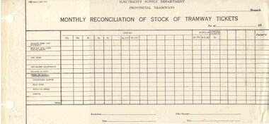 Document - Form/s, State Electricity Commission of Victoria (SECV), "Monthly Reconciliation of Stock of Tramway Tickets", 1960's