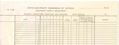Document - Form/s, State Electricity Commission of Victoria (SEC), "Tramway Conductors' Shortages and Surpluses", 1960's