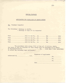 Document - Form/s, State Electricity Commission of Victoria (SECV), "Application for Permission to Change Shifts", 1960's