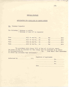 Document - Form/s, State Electricity Commission of Victoria (SECV), "Application for Permission to Change Shifts", 1960's