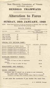 Document - Photocopy, State Electricity Commission of Victoria (SECV), "Bendigo Tramways Alteration to Fares commencing Sunday, 26 January 1969", Jan. 1969