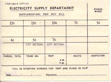 Document - Photocopy, State Electricity Commission of Victoria (SECV), "Supplementary Trip Way Bill", 1966