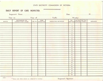 Document - Form/s, State Electricity Commission of Victoria (SECV), "Daily Report of Cars Inspected", late 1960's?